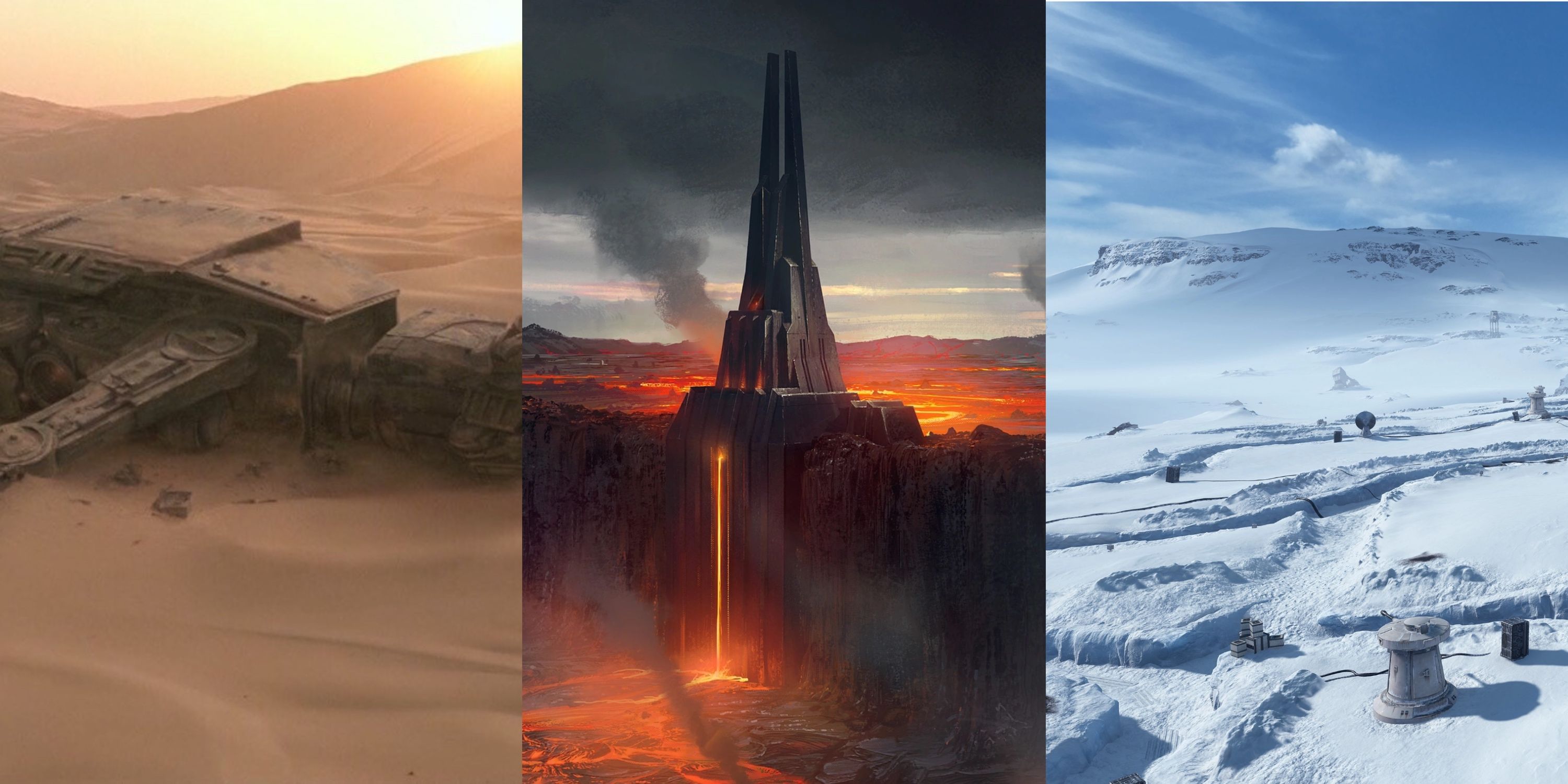 pictures of the planets Jakku, Mustafr and Hoth side by side