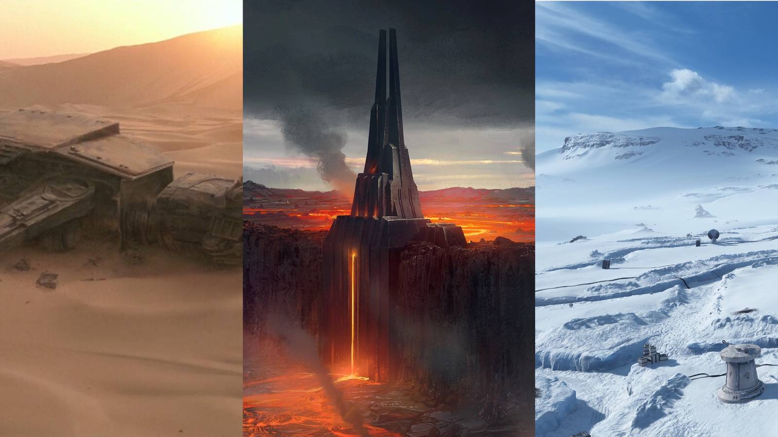 pictures of the planets Jakku, Mustafr and Hoth side by side