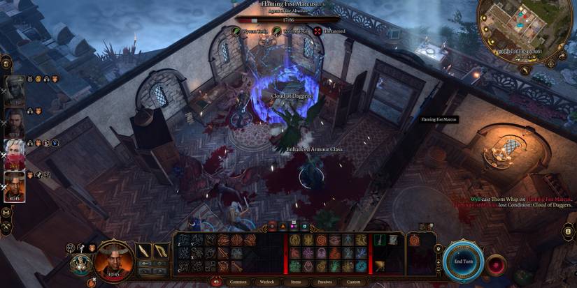 Wyll casts Whip on Marcus and pulls him through Cloud of Daggers for double damage