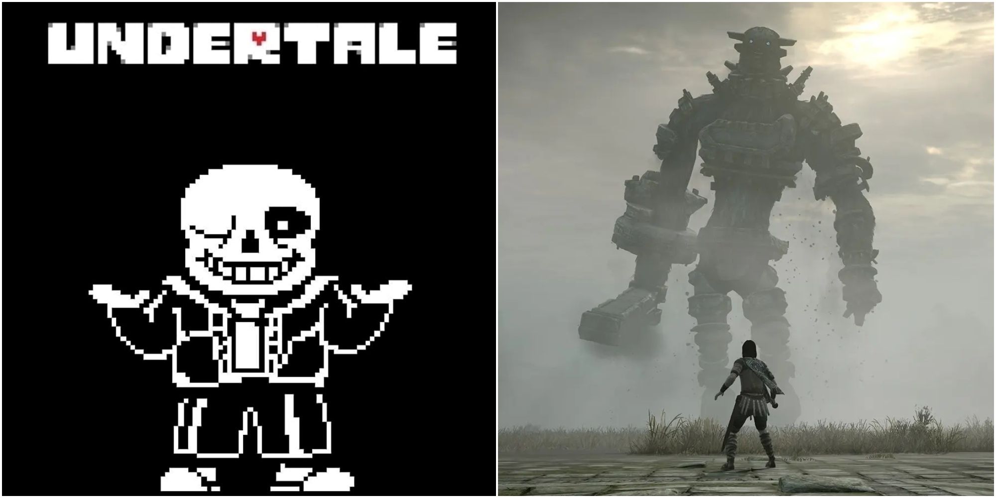 Sans winking with the text Undertale above it, beside a shot from Shadow of the Colossus with Wander looking up at an idol