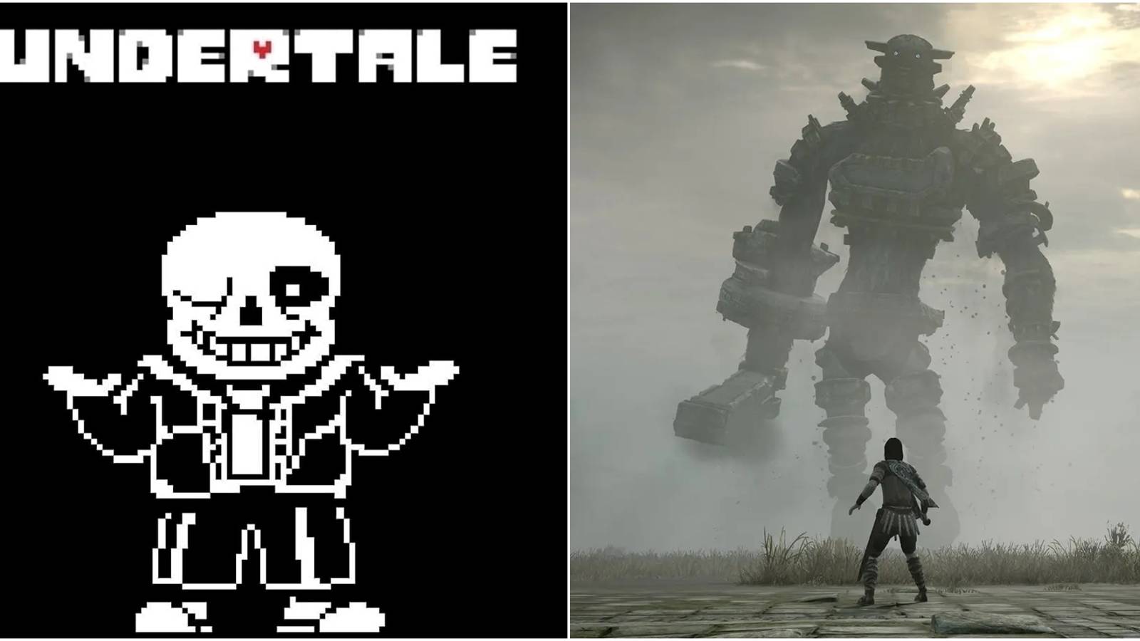 Sans winking with the text Undertale above it, beside a shot from Shadow of the Colossus with Wander looking up at an idol