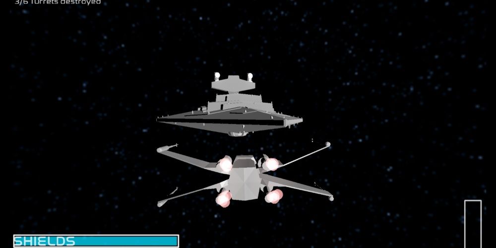 An X-Wing approaching the Star Destroyer 