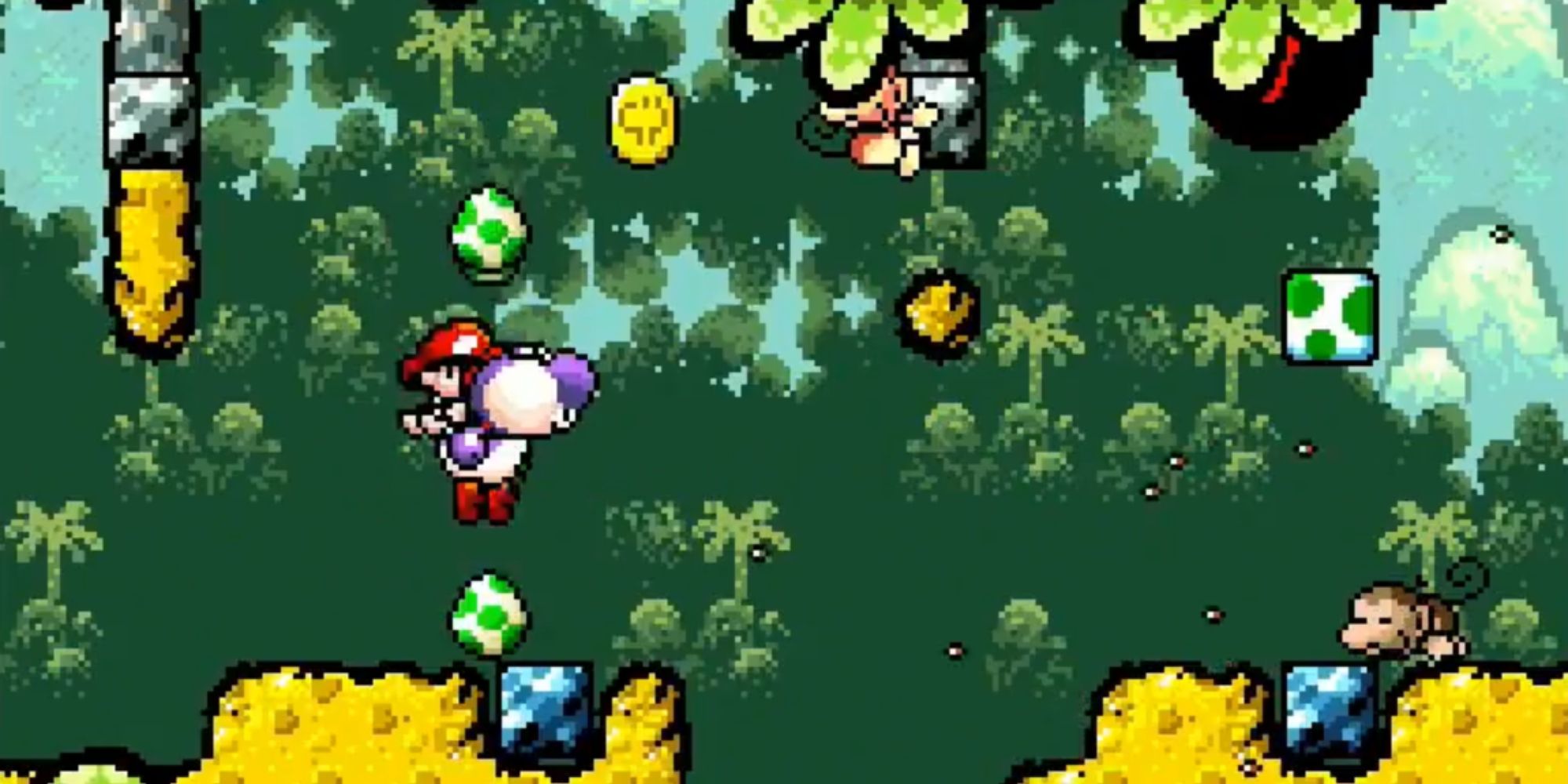 Purple Yoshi carrying Mario in mid-air