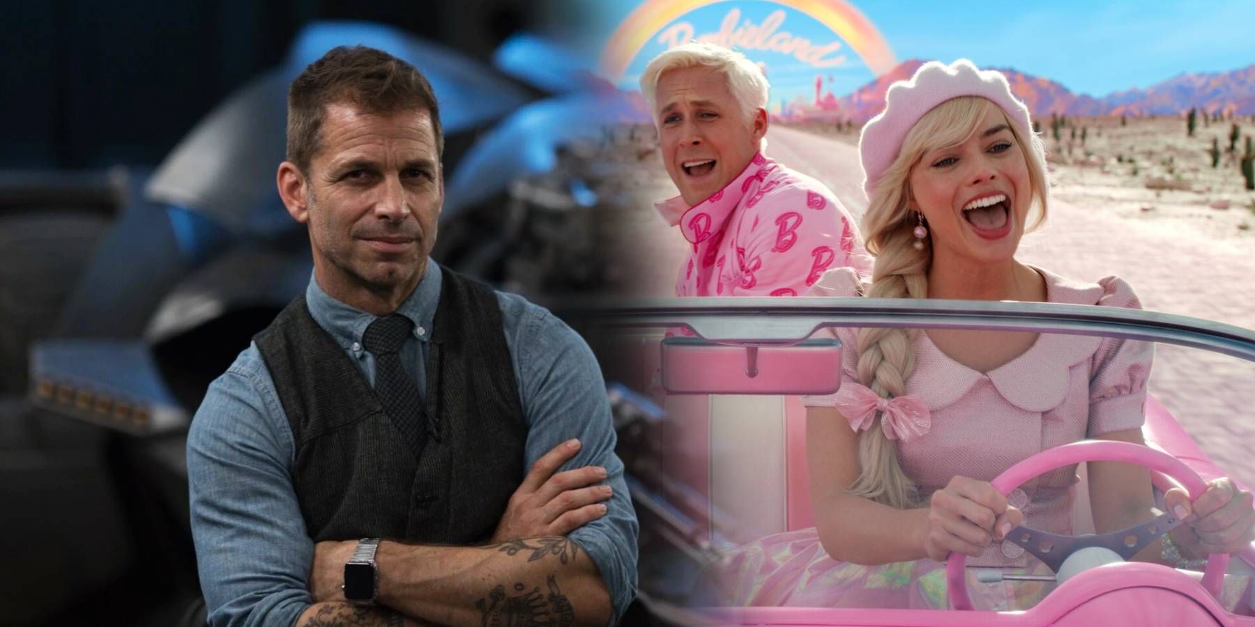 Zack Snyder split image with Margot Robbie and Ryan Gosling as Barbie and Ken from the movie Barbie