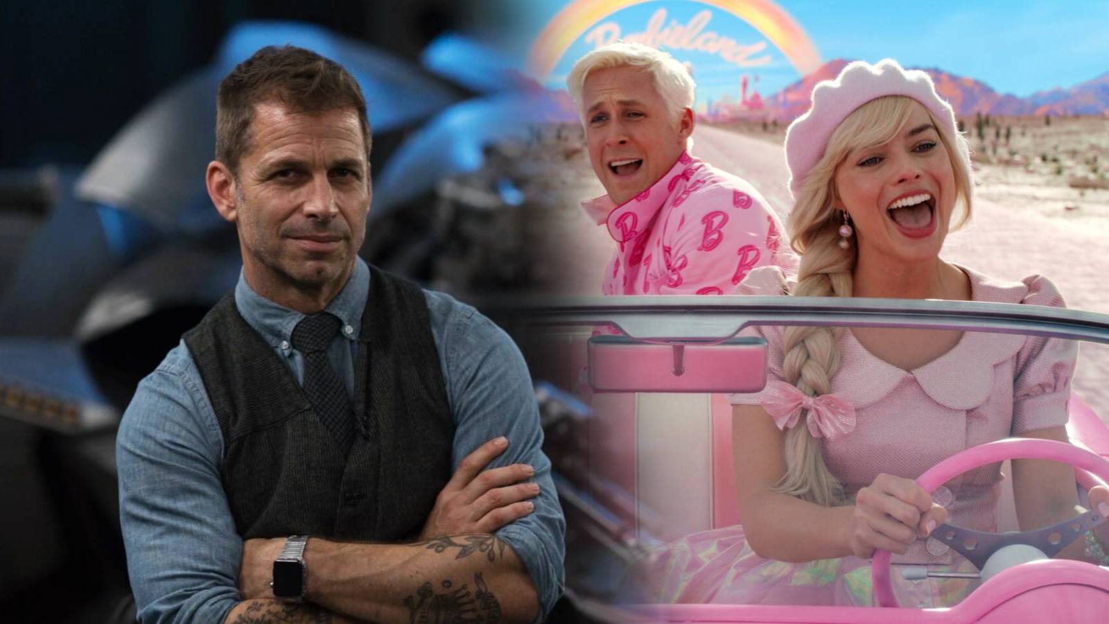 Zack Snyder split image with Margot Robbie and Ryan Gosling as Barbie and Ken from the movie Barbie