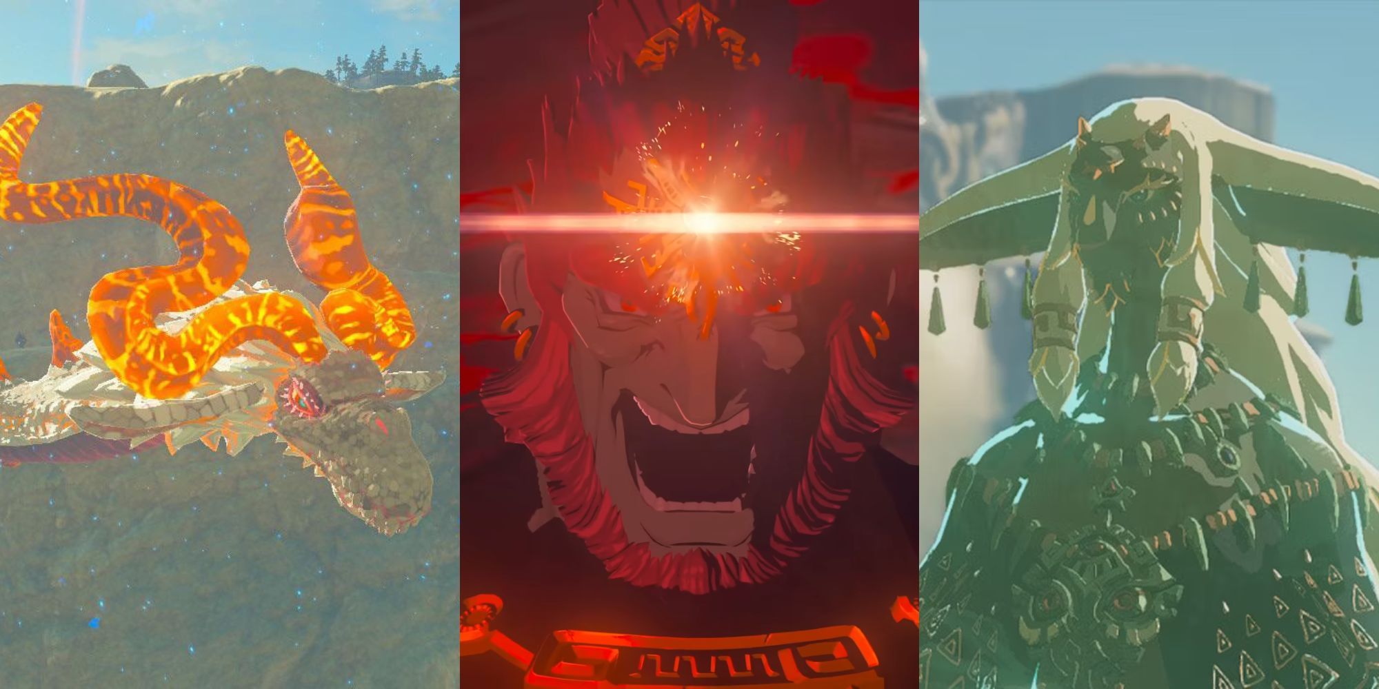 A collage of various Mysteries from BOTW that were answered in TOTK: The origin of the dragons, Ganondorf's Identity and King Rauru of the Zonai Tribe.