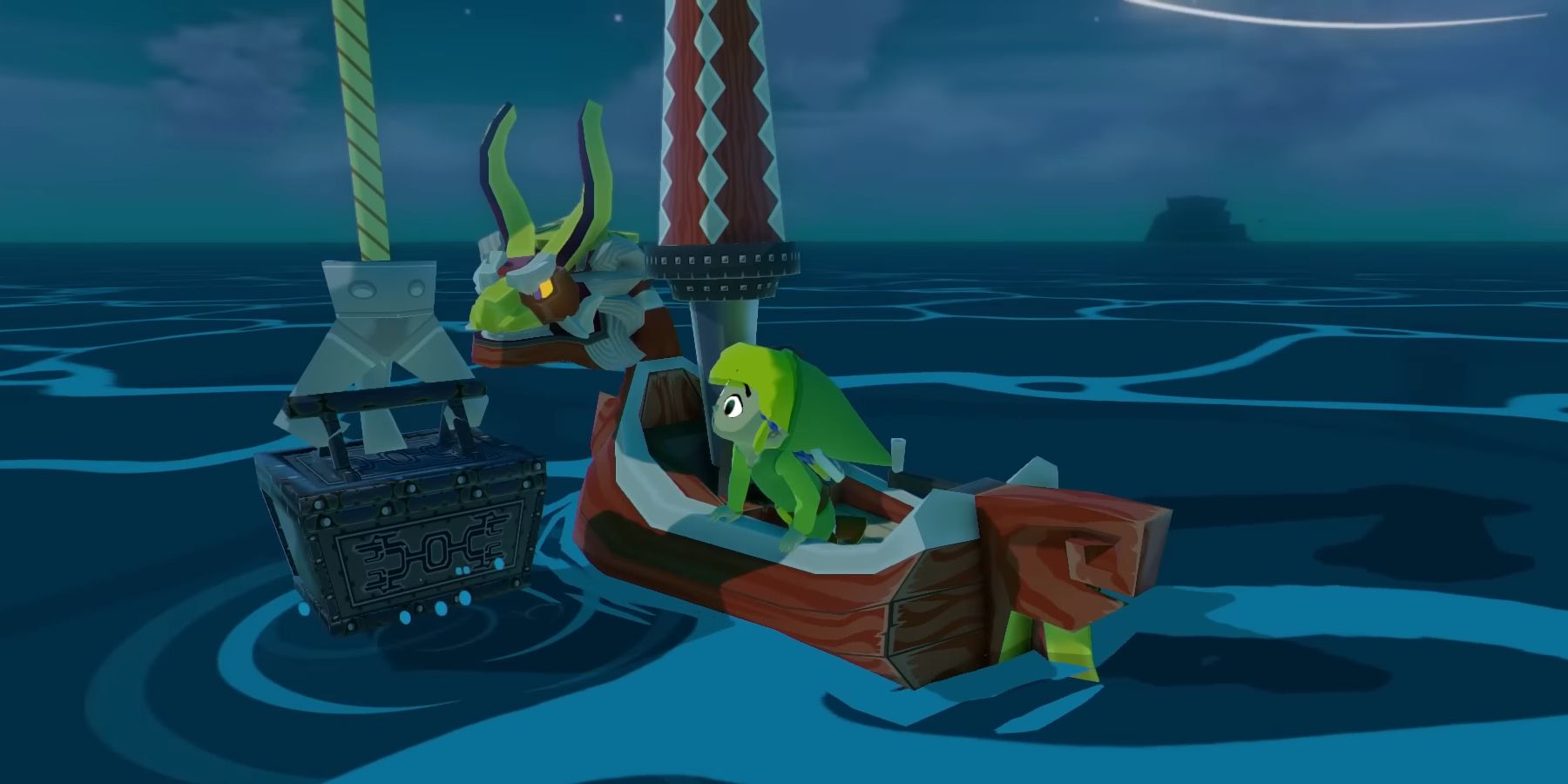 Link hunting for treasure on his boat in Wind Waker HD