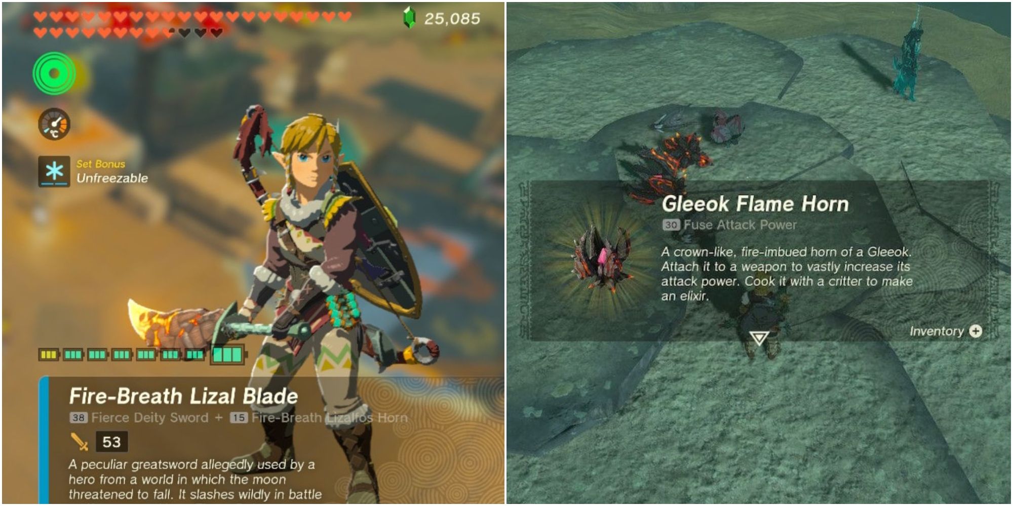 Link holding a fire-breath lizal blade next to an image of Gleeok Flame Horn