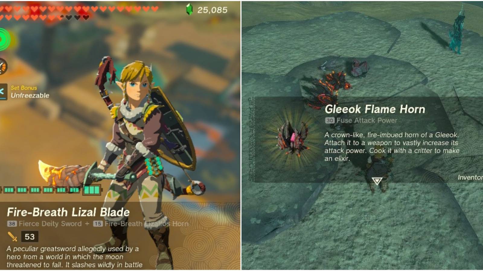 Link holding a fire-breath lizal blade next to an image of Gleeok Flame Horn