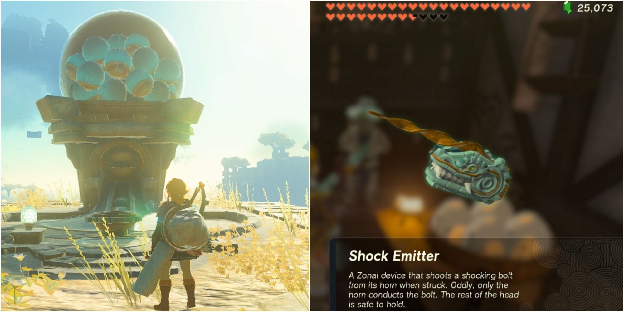 Link looking up at a Zonai Device Deposit next to the inventory view of a Shock Emitter