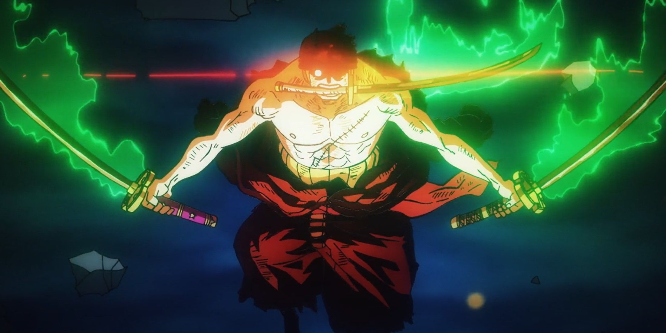 Zoro from One Piece, looking menacing, with three glowing swords.