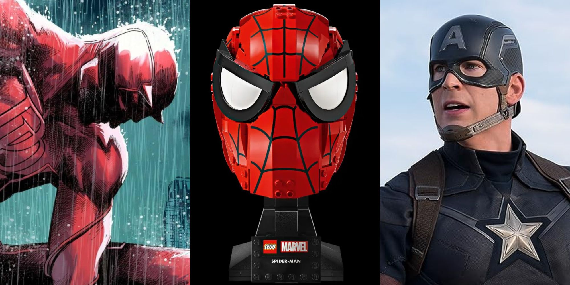 A split image of Daredevil, Spider-Man's Lego Mask, and Captain America