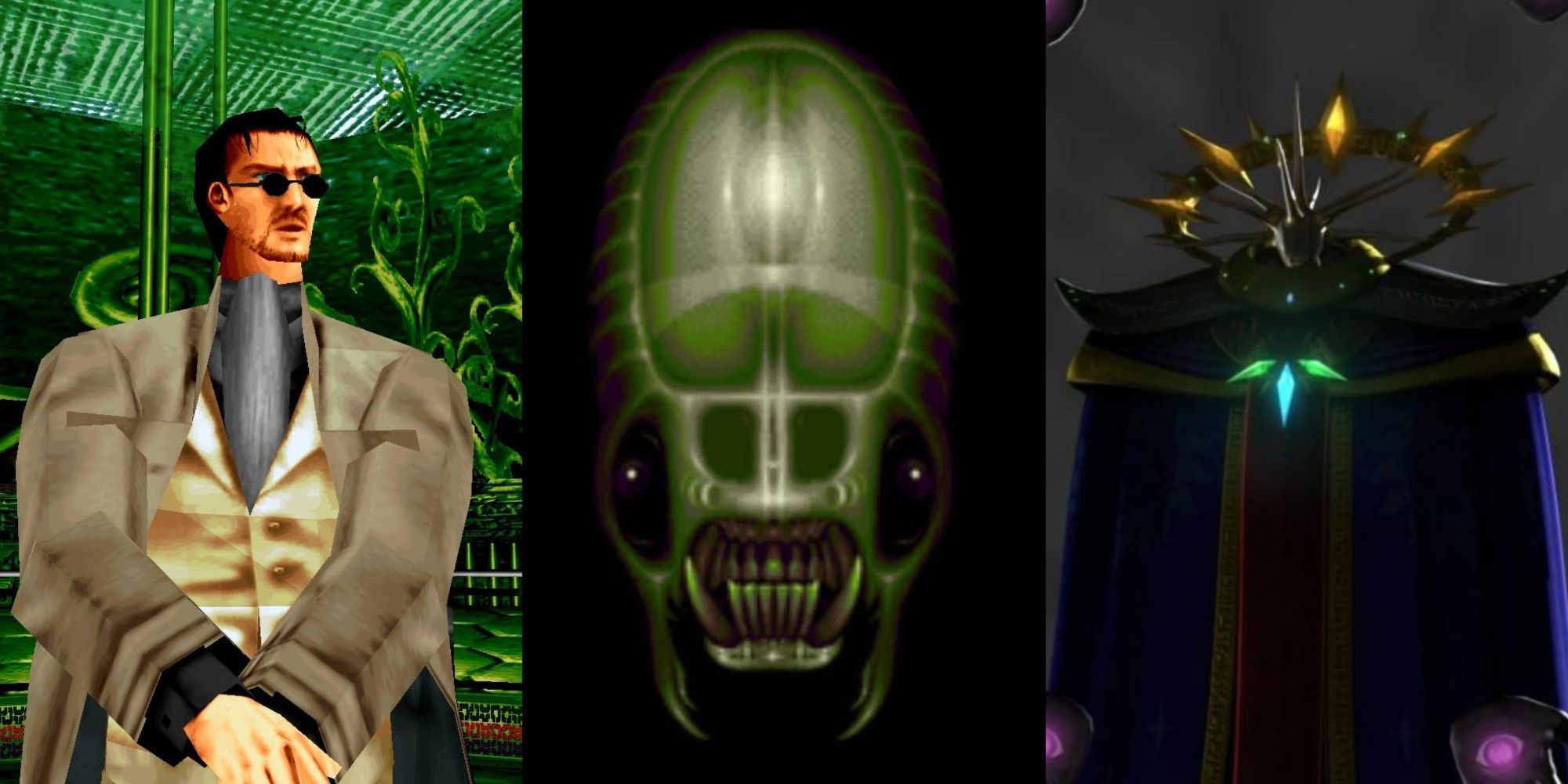 A split image of Dr. Curien from House of the Dead, The Vortex Queen from Ecco The Dolphin, and Wizeman from NiGHTS Journey Of Dreams