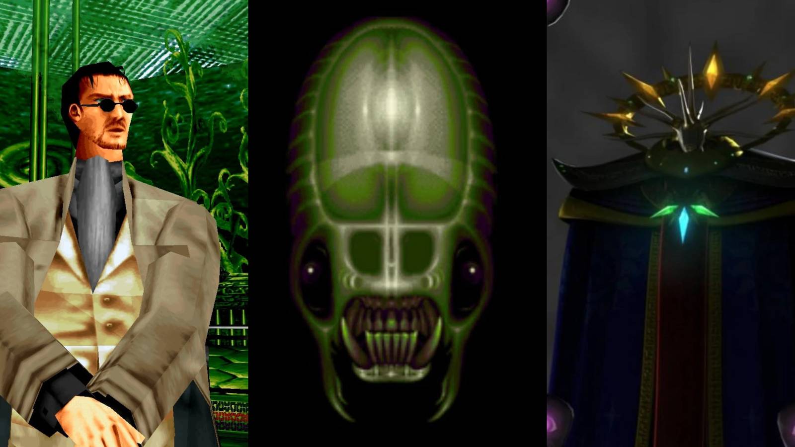 A split image of Dr. Curien from House of the Dead, The Vortex Queen from Ecco The Dolphin, and Wizeman from NiGHTS Journey Of Dreams