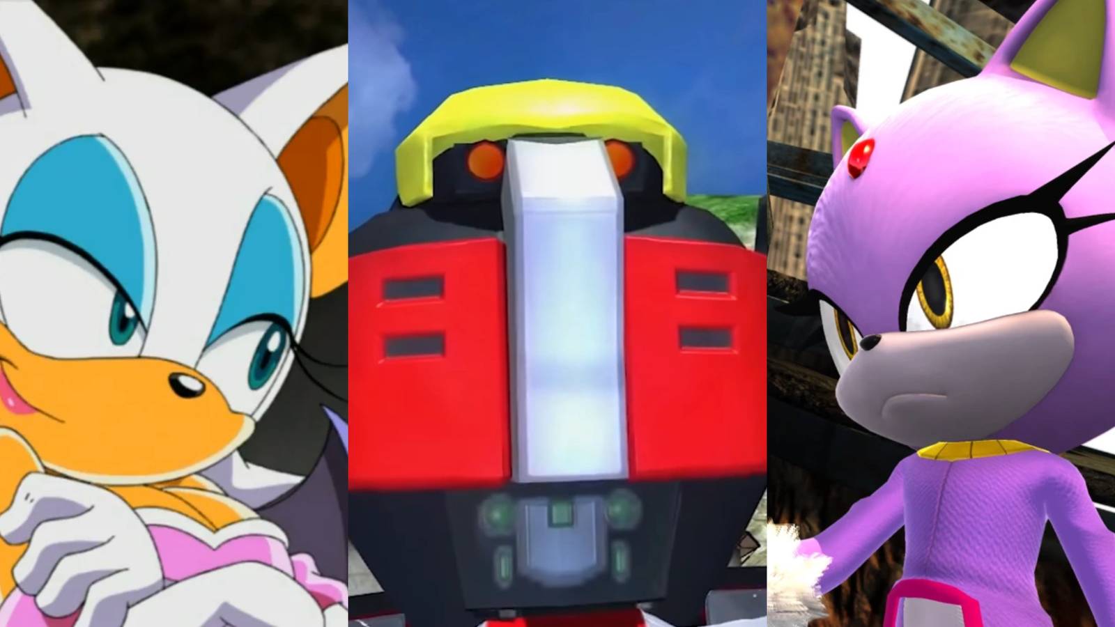 A split image with Rouge The Bat, E-123 Omega, and Blaze The cat