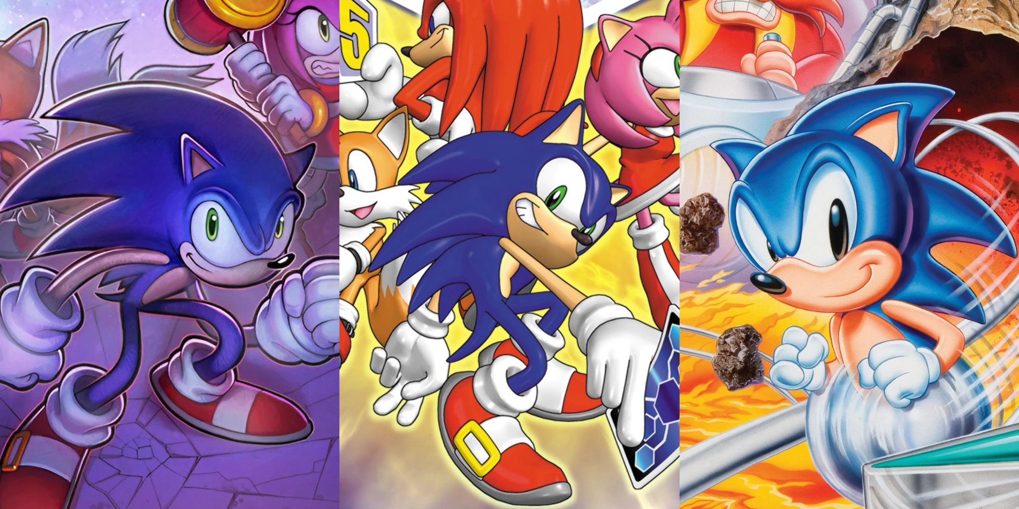 A split image with boxart from Sonic Chronicles, Sonic Shuffle, and Sonic Spinball