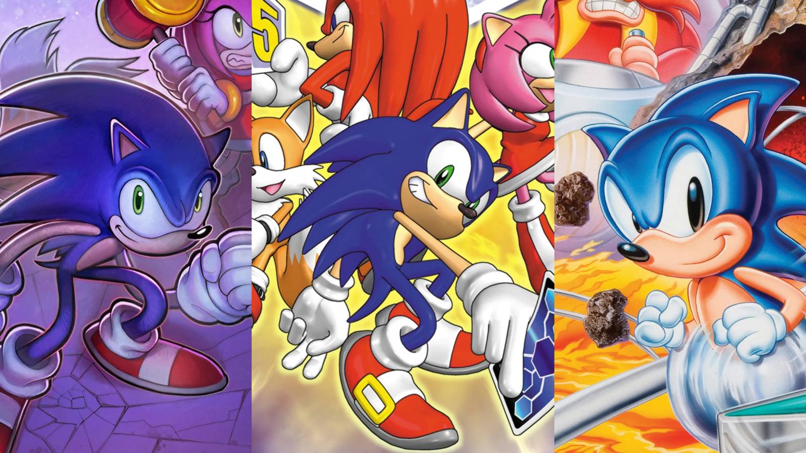 A split image with boxart from Sonic Chronicles, Sonic Shuffle, and Sonic Spinball