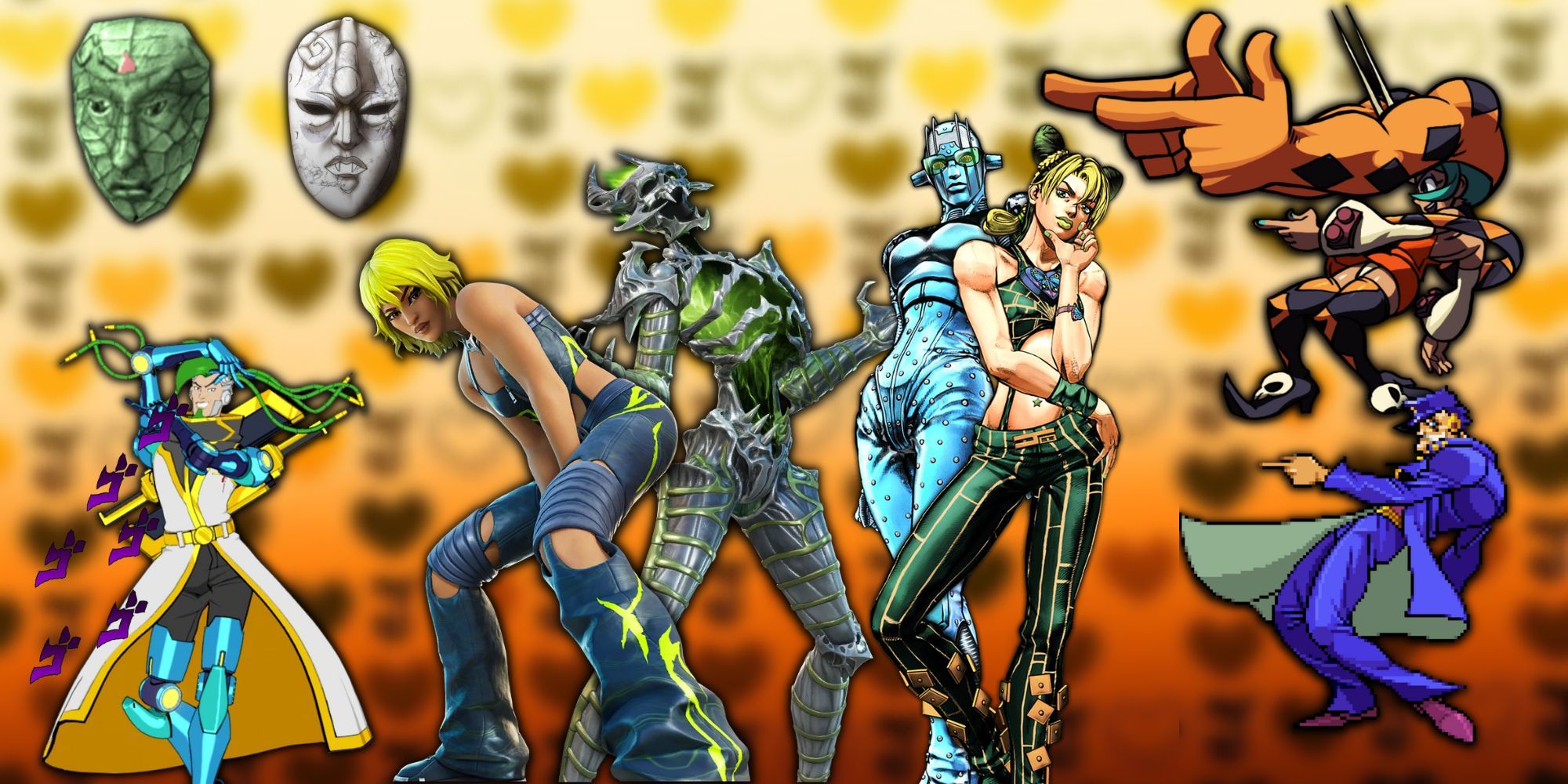 A collage of some prominent Jojo's Bizarre Adventure References from Video Games: The Stone Mask from Castlevania, Zanzo from Hi-Fi Rush, Hana and Kalerikas from Fortnite and Celebella from Skullgirls.