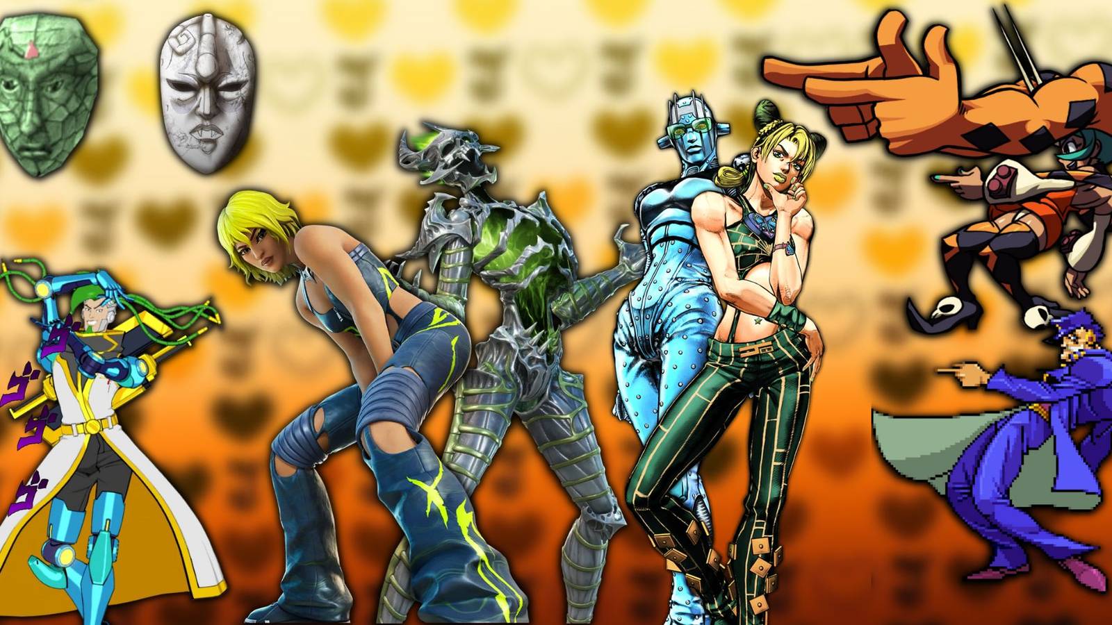A collage of some prominent Jojo's Bizarre Adventure References from Video Games: The Stone Mask from Castlevania, Zanzo from Hi-Fi Rush, Hana and Kalerikas from Fortnite and Celebella from Skullgirls.