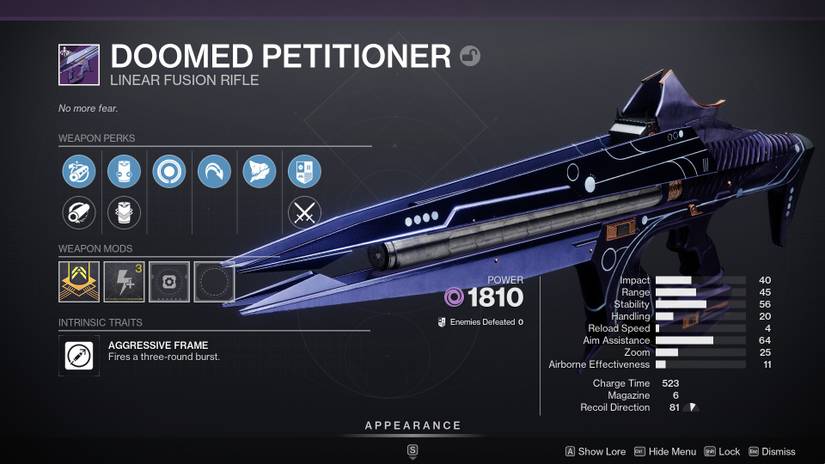A random roll of Destiny 2's Doomed Petitioner weapon