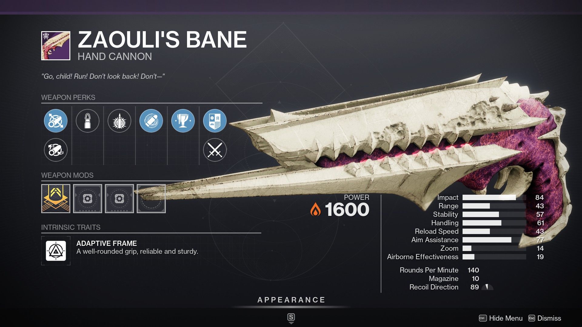 The curated roll for Zaouli's Bane in Destiny 2