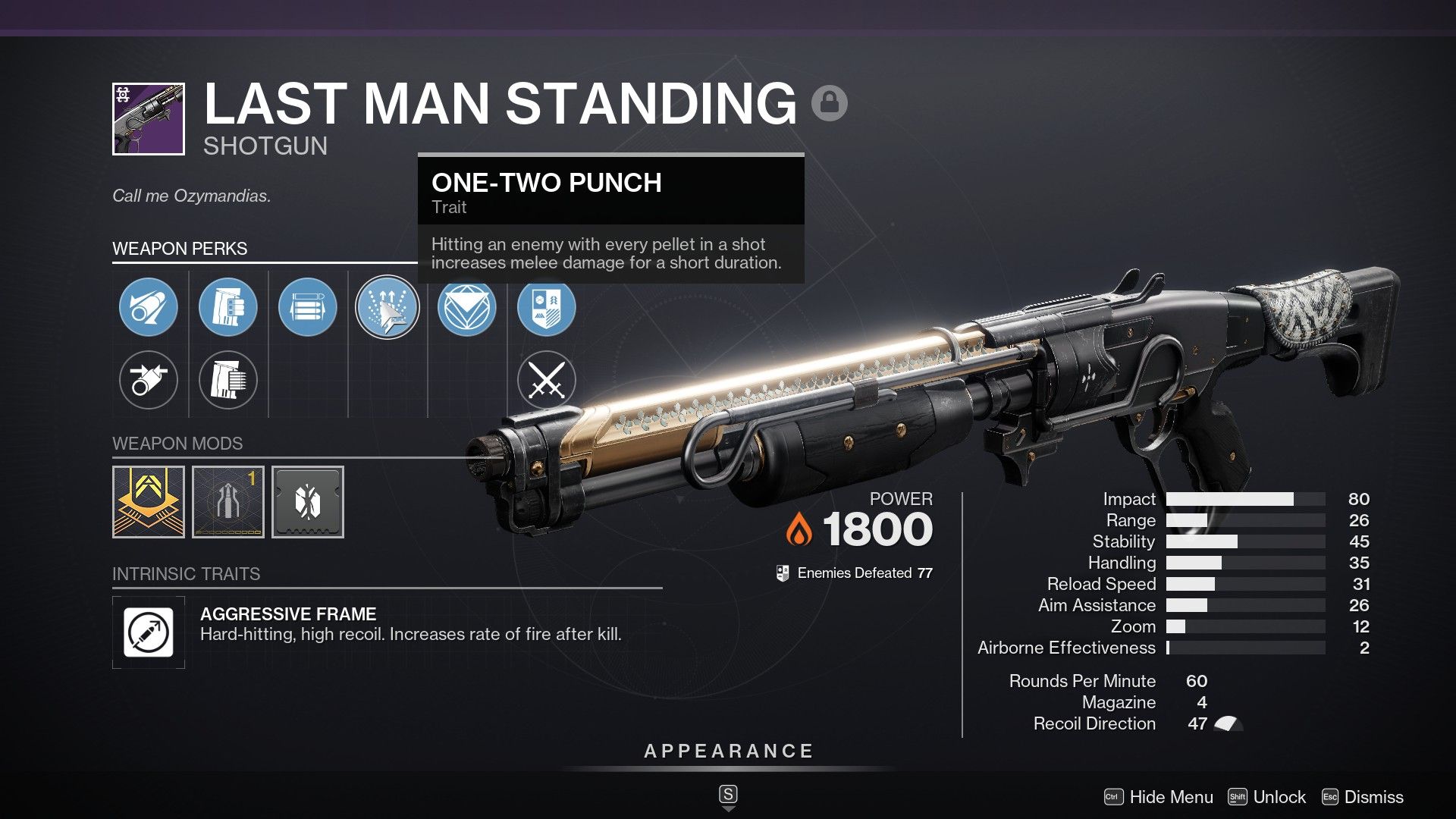 A shotgun with the One-Two Punch perk in Destiny 2