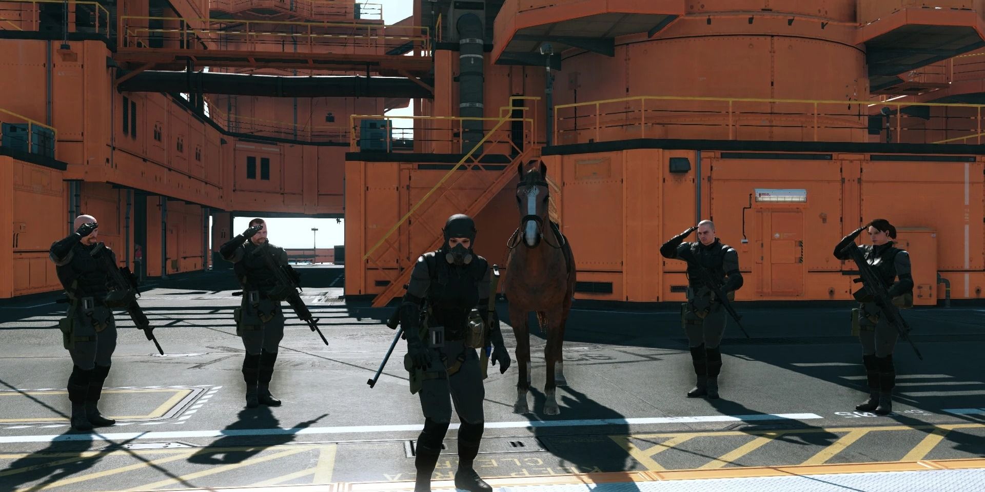 4 soldiers and a horse saluting Big Boss on Mother Base