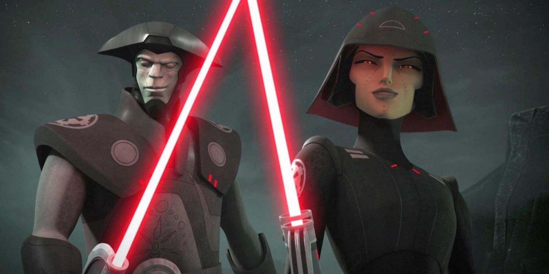 Two Inquisitors stand rady with their lightsabers drawn