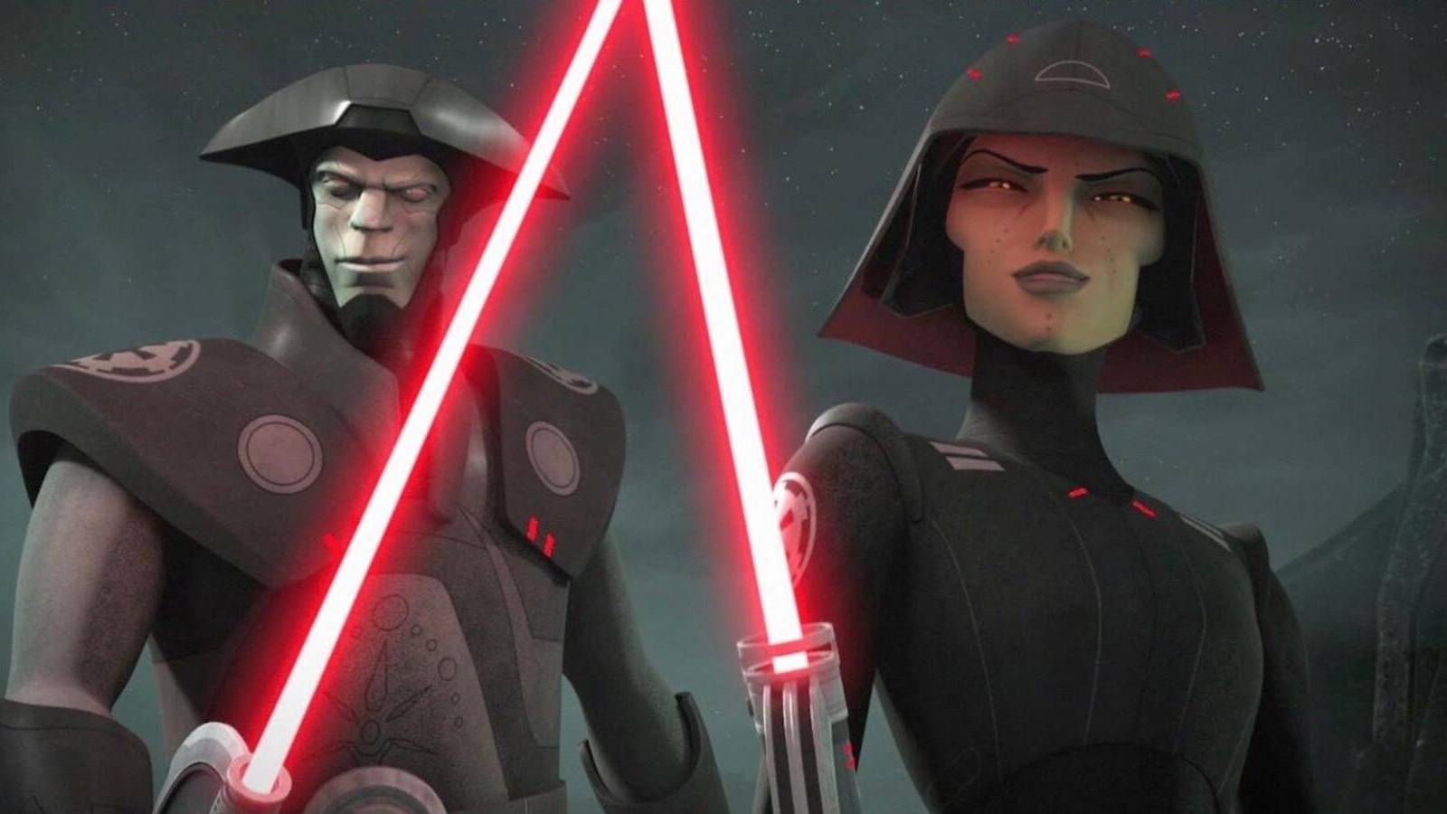 Two Inquisitors stand rady with their lightsabers drawn
