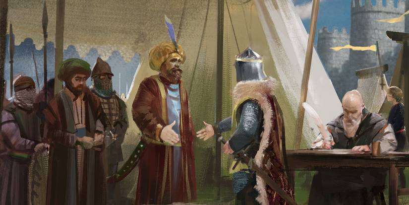 A Clan Leader and their vassals meeting with another leader in Crusader Kings 3