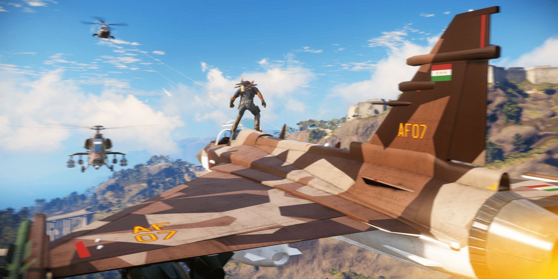 A fighter jet and choppers in Just Cause 3