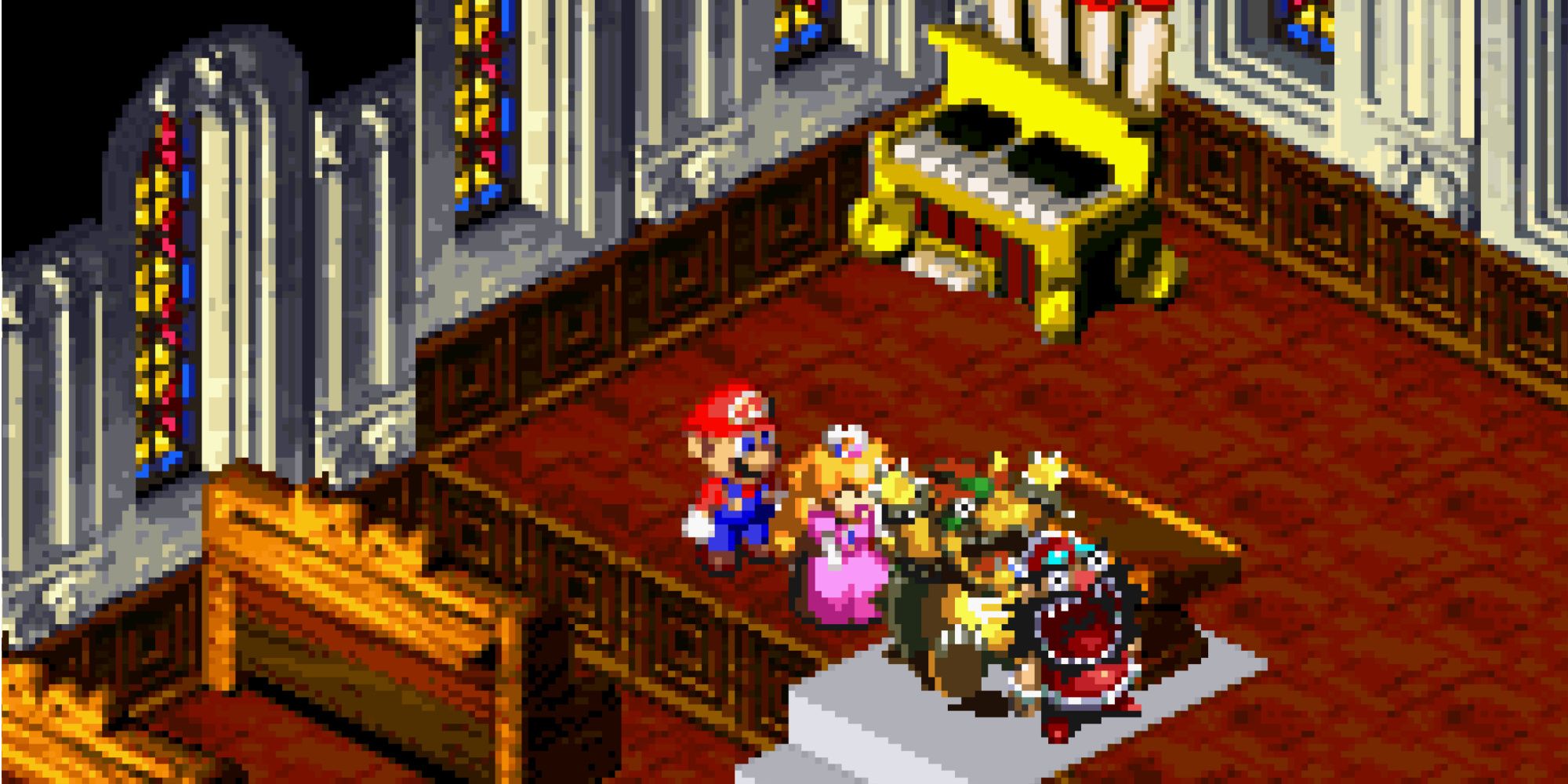 A scene featuring characters in a church in Super Mario RPG