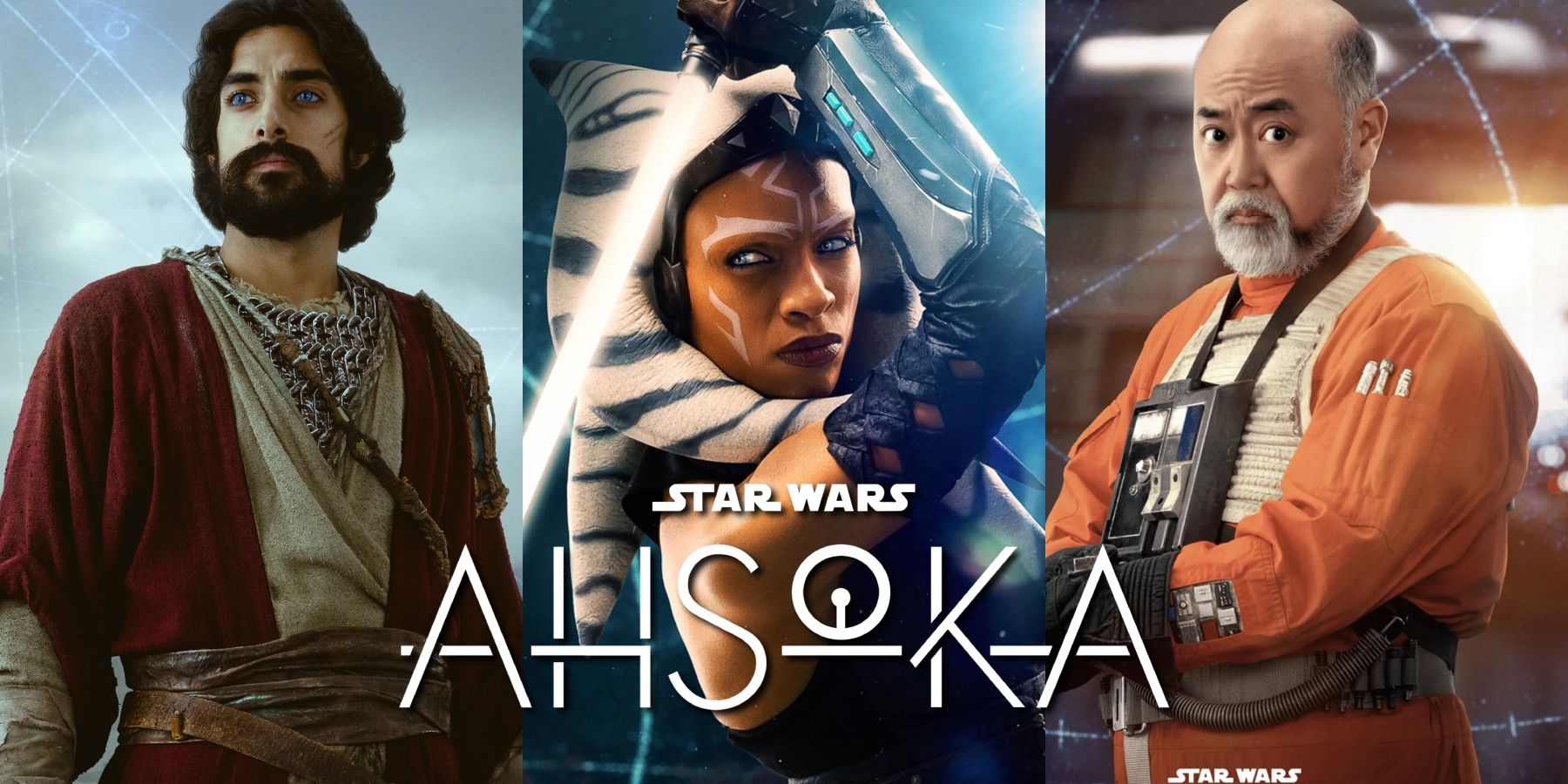 Eman Esfandi as Ezra Bridger, Rosario Dawson as Ahsoka Tano, and Paul Sun-Hyung Lee as Carson Teva on Star Wars: Ahsoka