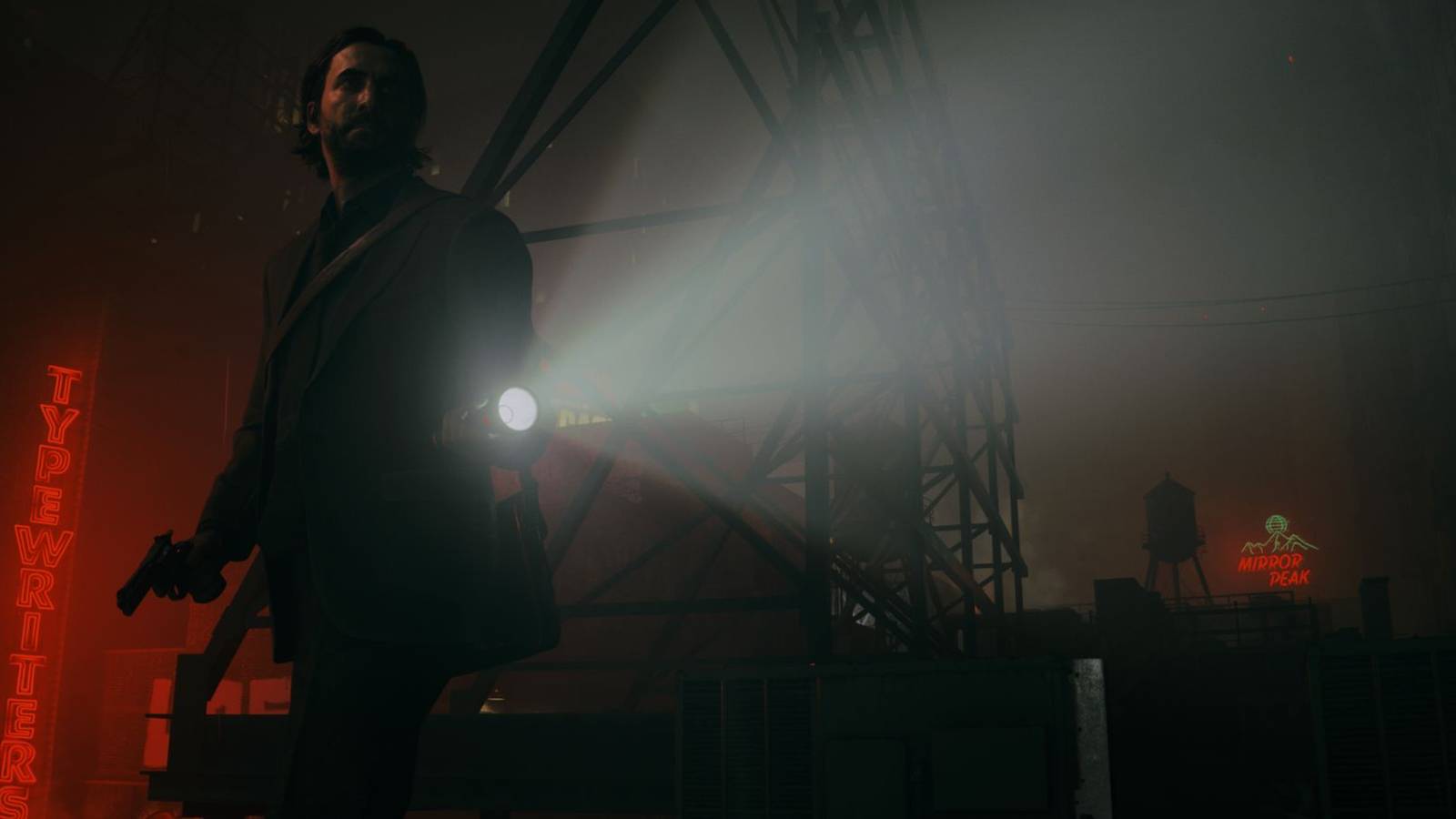 alan wake 2 alan on rooftop with flashlight