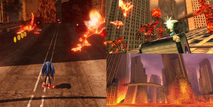 sonic and Silver in a ruined city which is surrounded by fire and fiery aliens