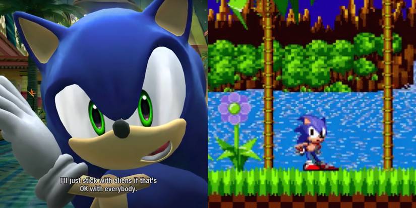 sonic breaking the 4th wall in sonic colors, and sonic tapping his foot and looking irritated at the player in the classic game