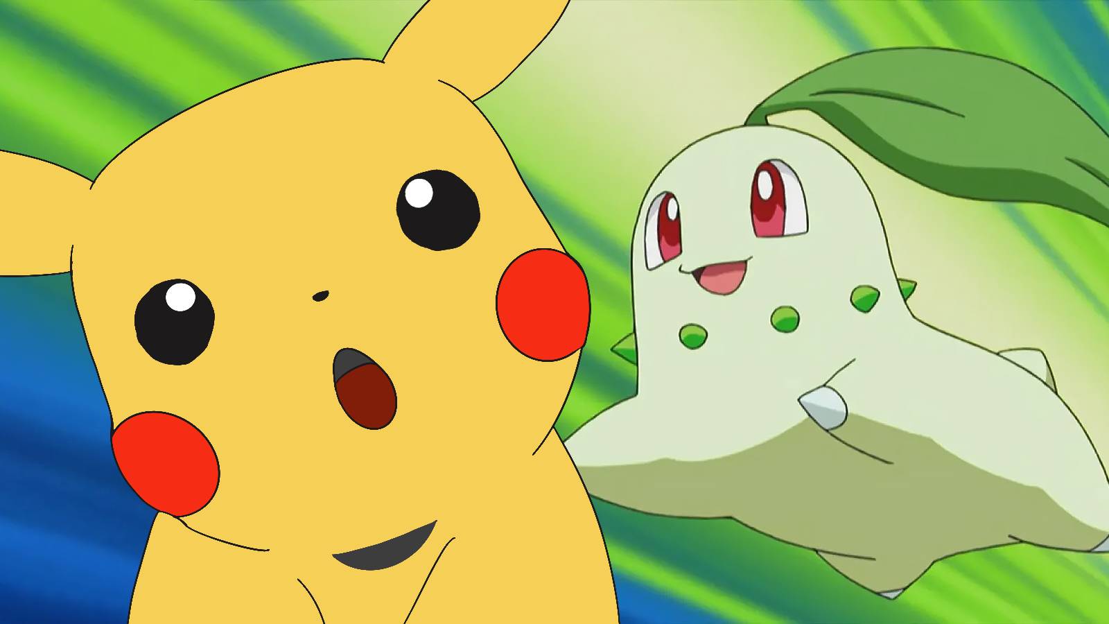 Amazed Pikachu doodle next to Chikorita mid-jump artwork blue-green background