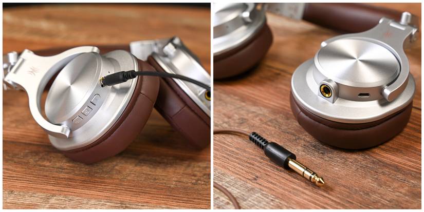 An Aux cable plugged into the OneOdio Fusion A70 and large aux cable