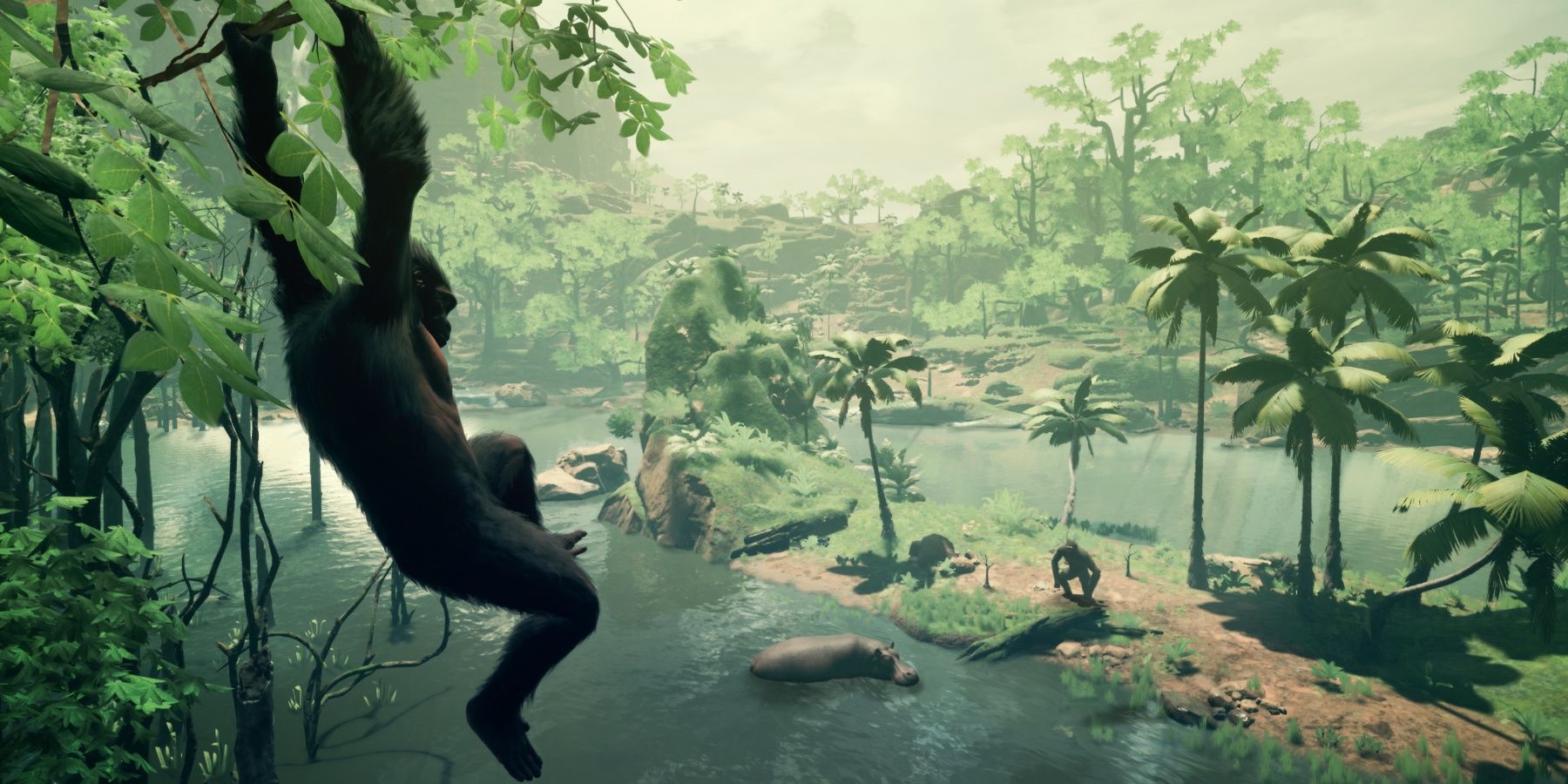 A monkey swinging on a branch over a body of water with a hippo in it