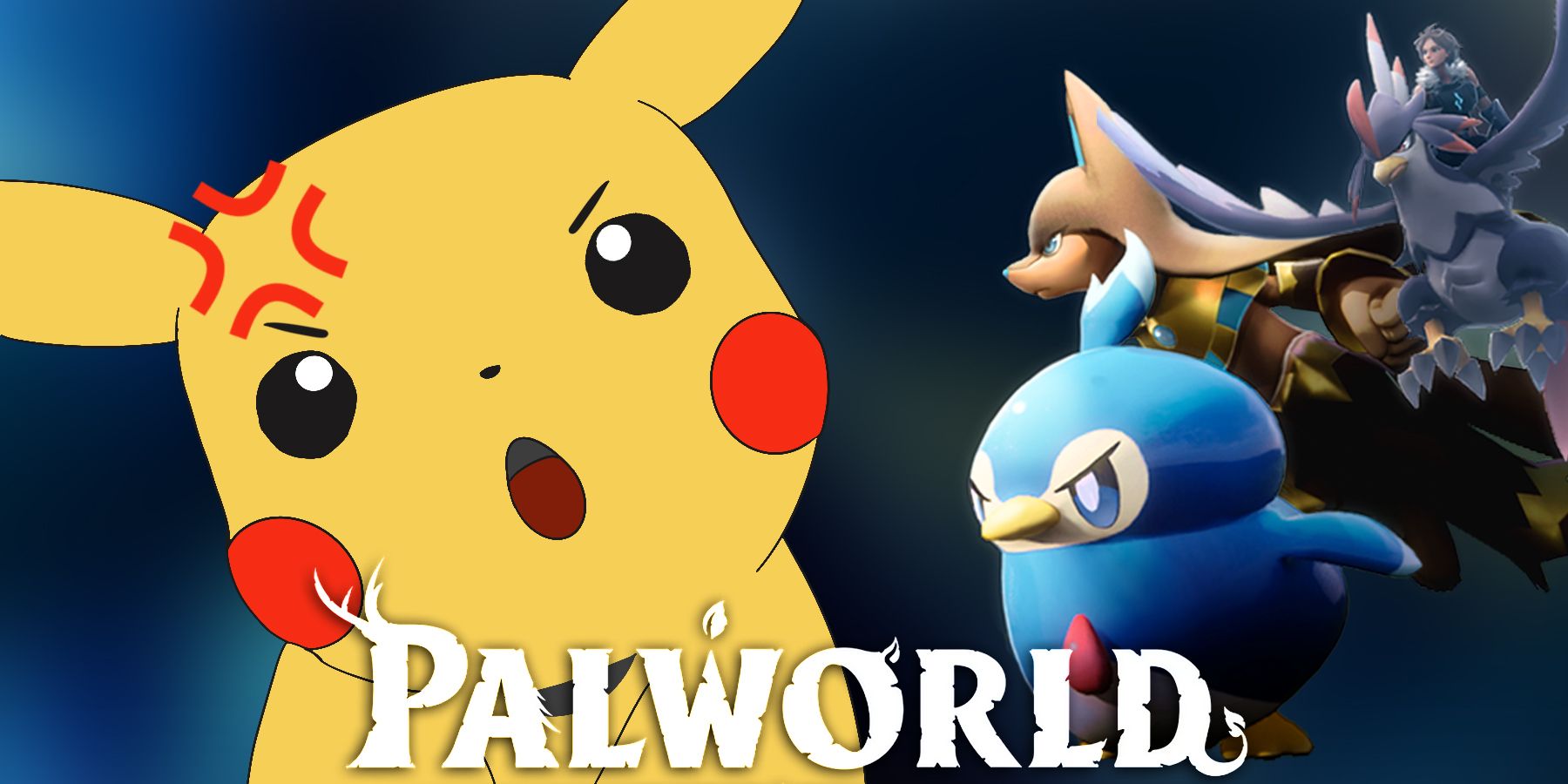 Doodle irritado de Pikachu com logotipo Palworld e personagens em fundo azul