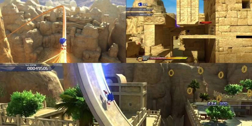 Sonic on a grind rail and running through arid sands from Sonic Unleashed