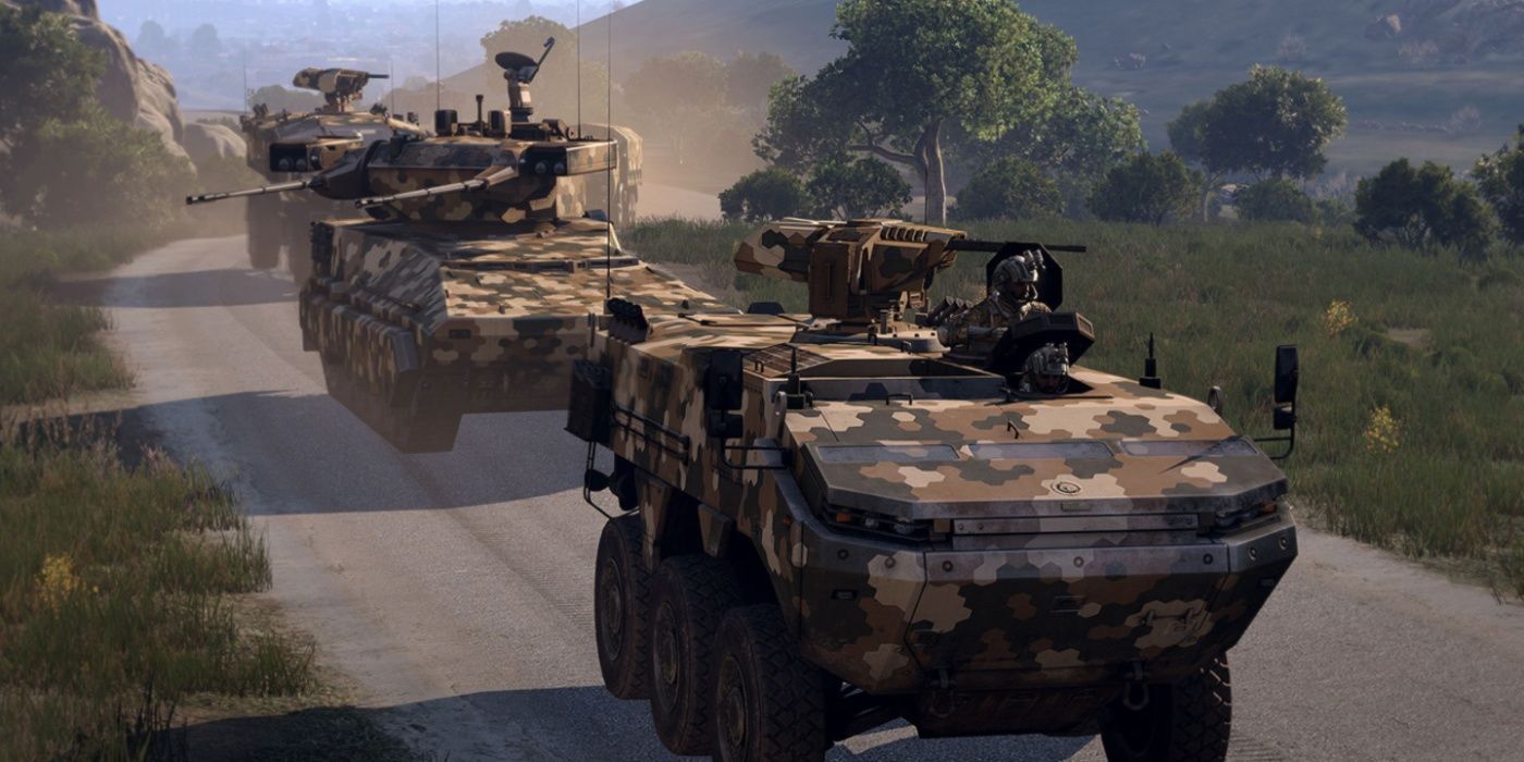 Arma 3 armored vehicles driving along road in grassy landscape