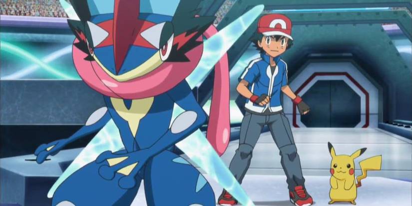 Ash Ketchum with his Pikachu and his Greninja, in the Pokemon anime.