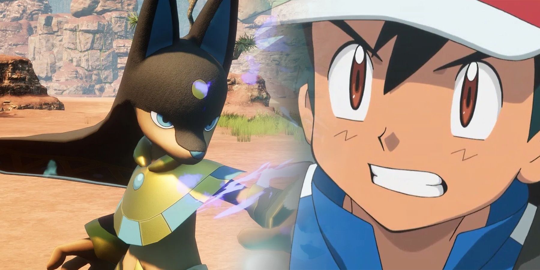Ash Ketchum from Pokemon Anime looking angrily at Anubis from Palworld