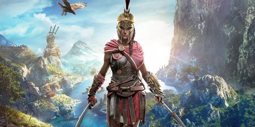 Kassandra Ikaros in Assassin's Creed Odyssey holding blades and looking over an island.