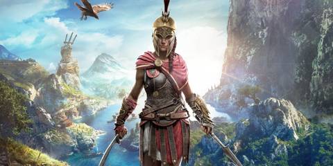 Kassandra Ikaros in Assassin's Creed Odyssey holding blades and looking over an island.