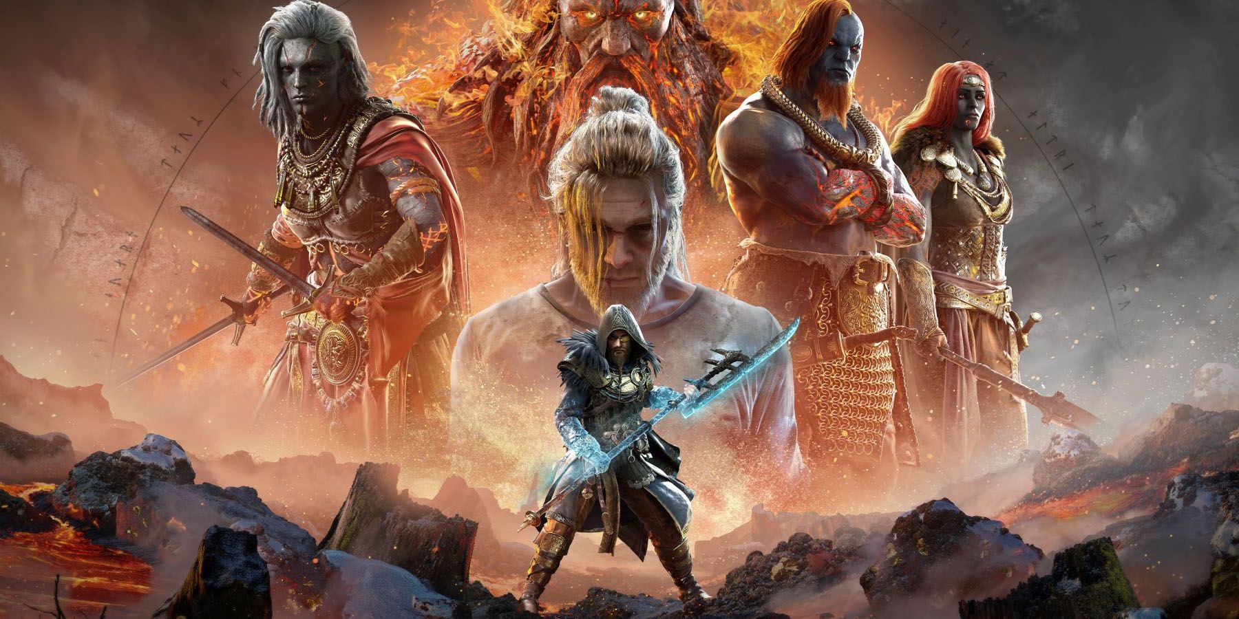 A promotional image of various characters from Assassin's Creed Valhalla's Dawn of Ragnarok DLC.