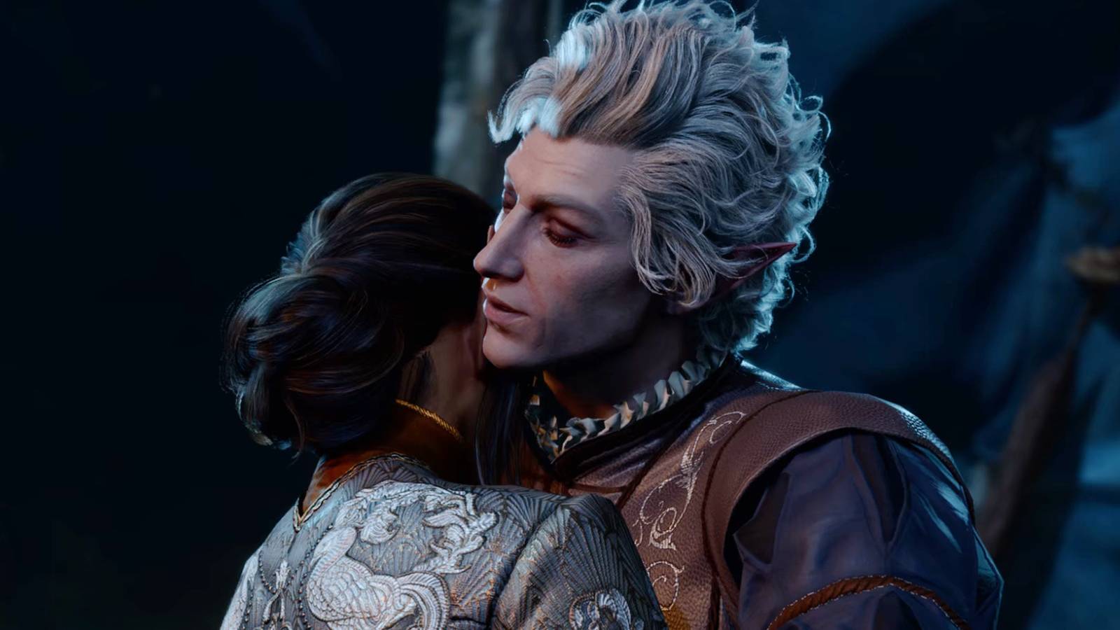 Romanced Astarion and Tav (player character) hug in the epilogue