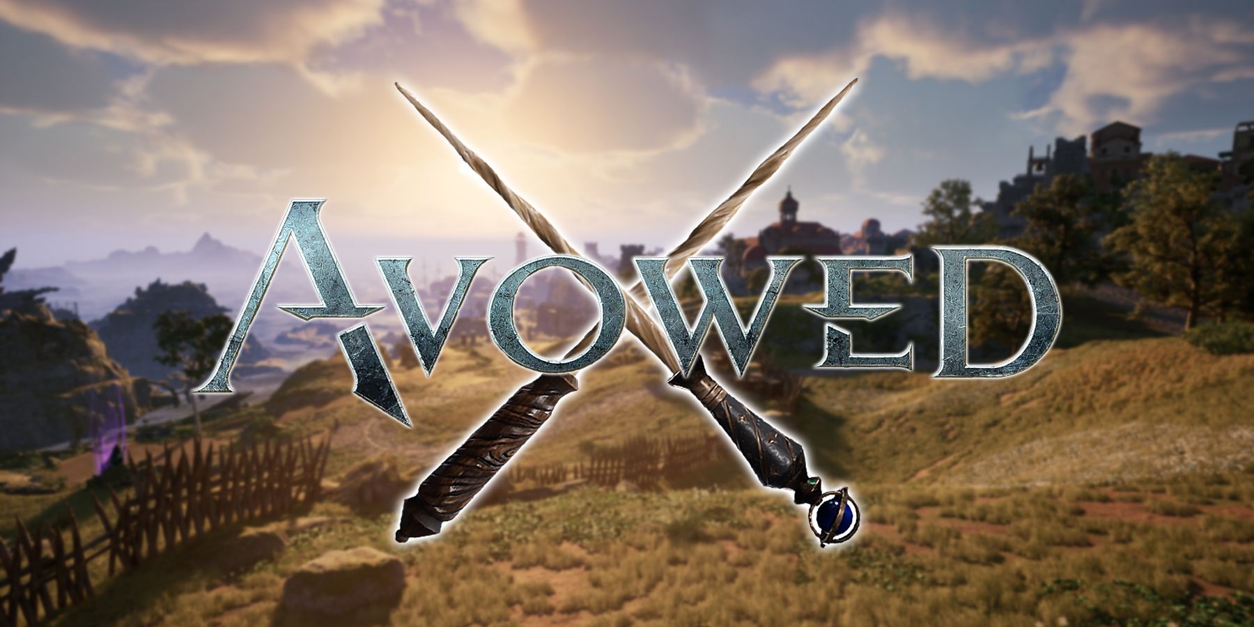 Avowed logo with Hogwarts Legacy wands and Avowed landscape in background-1