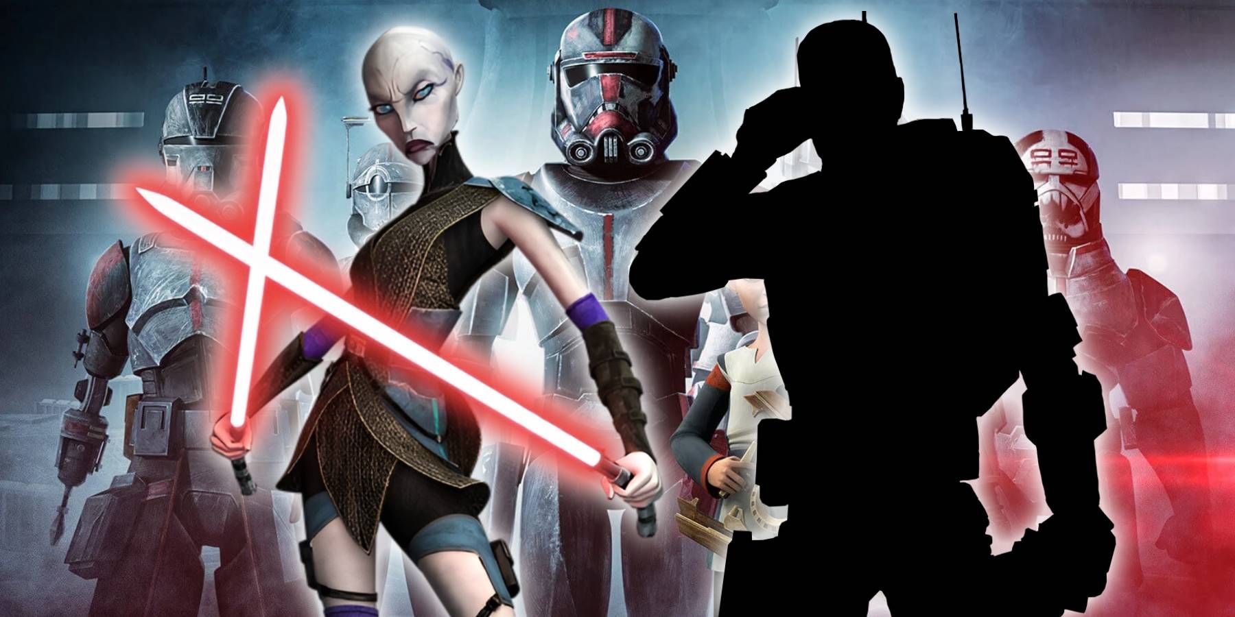 Image from Star Wars: The Bad Batch with Asajj Ventress and a silhouette of the character Tech